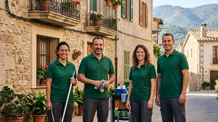 Persones d’un equip de neteja amb polo verd, amb la fregona i el carro, en un carrer de poble amb cases de pedra i muntanyes al fons