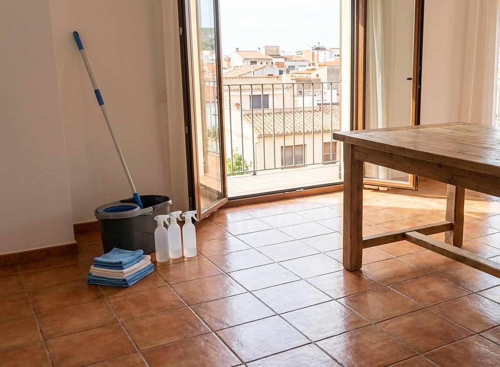 Pis buit amb terra de terracota i el material de neteja a punt, amb el balcó obert sobre les teulades del poble