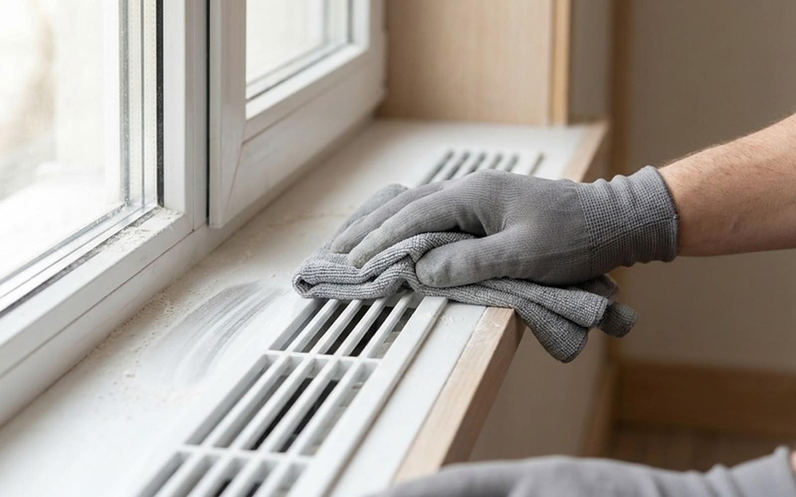 Mà amb guant netejant l’ampit i la reixa de ventilació d’una finestra